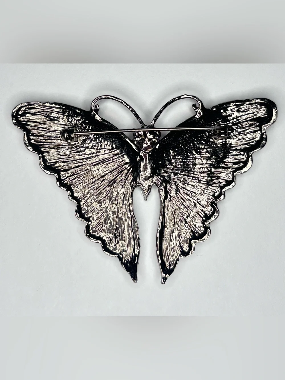 Butterfly Brooch Pink & Red Rhinestones Gunmetal Silver Tone Statement Pin